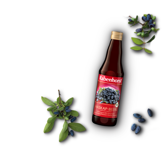 Flasche 100 % purer Haskap-Beere-Saft in Bio-Qualität von Rabenhorst