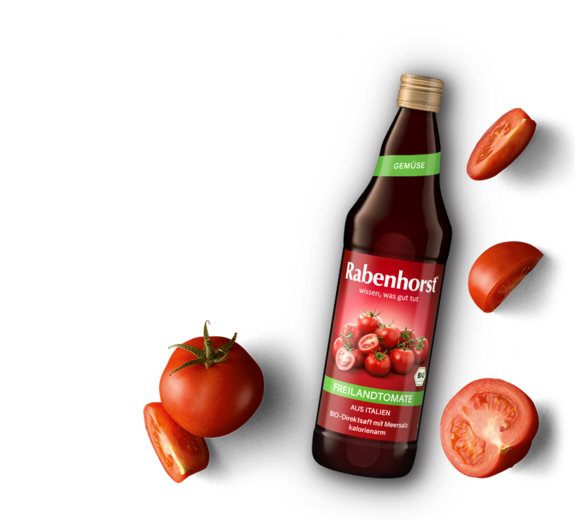 Flasche Tomatensaft von Rabenhorst aus italienischen Freilandtomaten